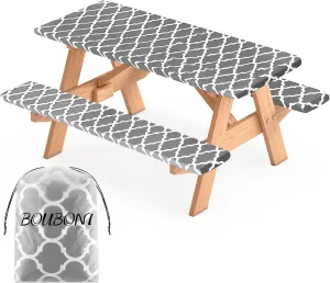 3 Pcs Set Fitted Picnic Table Cover with Bench Covers Vinyl Camping Table Cloth Flannel Backing Picnic Table Cloth for 6ft Tables Camping Outdoor (Gray Morocco, 30 x 72 Inches)