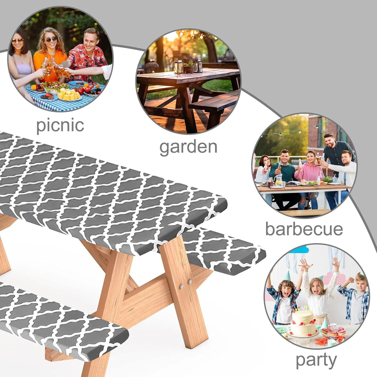 3 Pcs Set Fitted Picnic Table Cover with Bench Covers Vinyl Camping Table Cloth Flannel Backing Picnic Table Cloth for 6ft Tables Camping Outdoor (Gray Morocco, 30 x 72 Inches)
