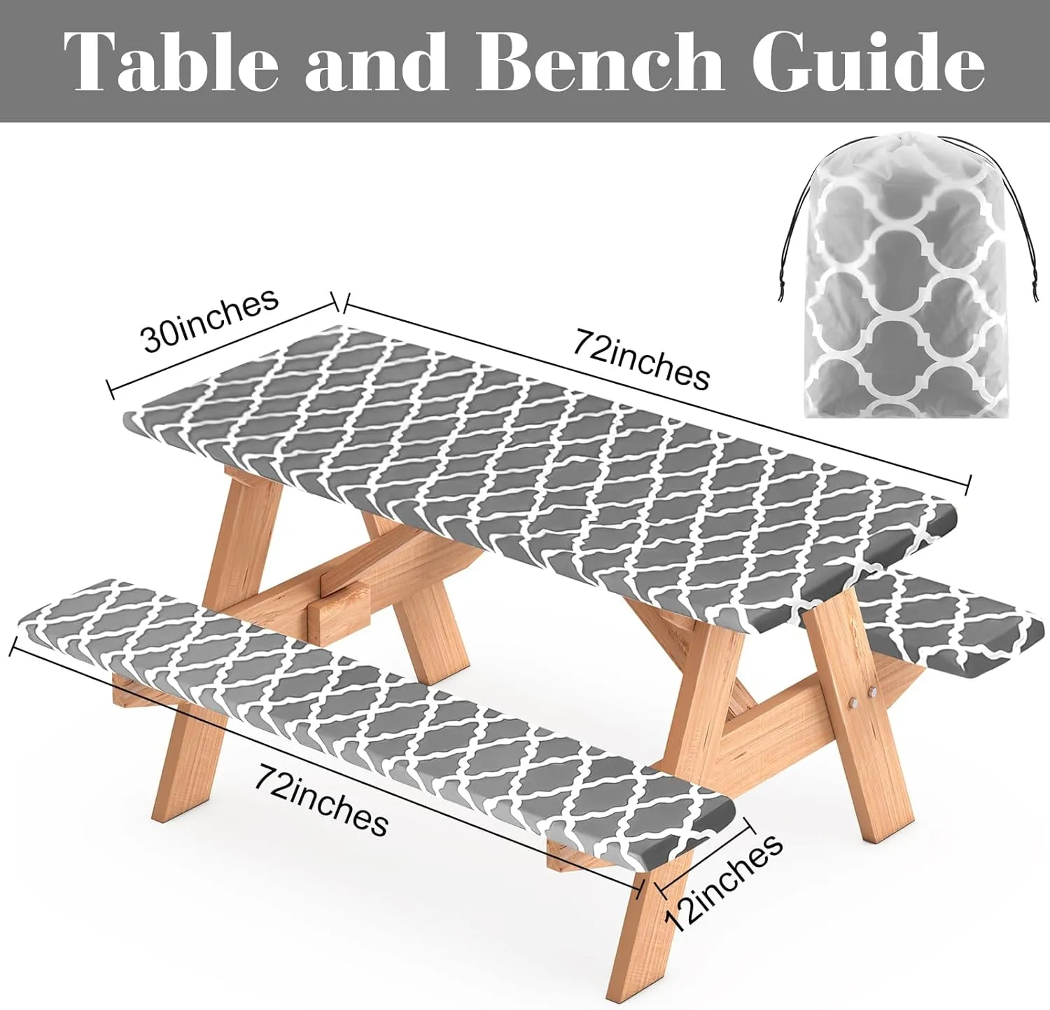 3 Pcs Set Fitted Picnic Table Cover with Bench Covers Vinyl Camping Table Cloth Flannel Backing Picnic Table Cloth for 6ft Tables Camping Outdoor (Gray Morocco, 30 x 72 Inches)