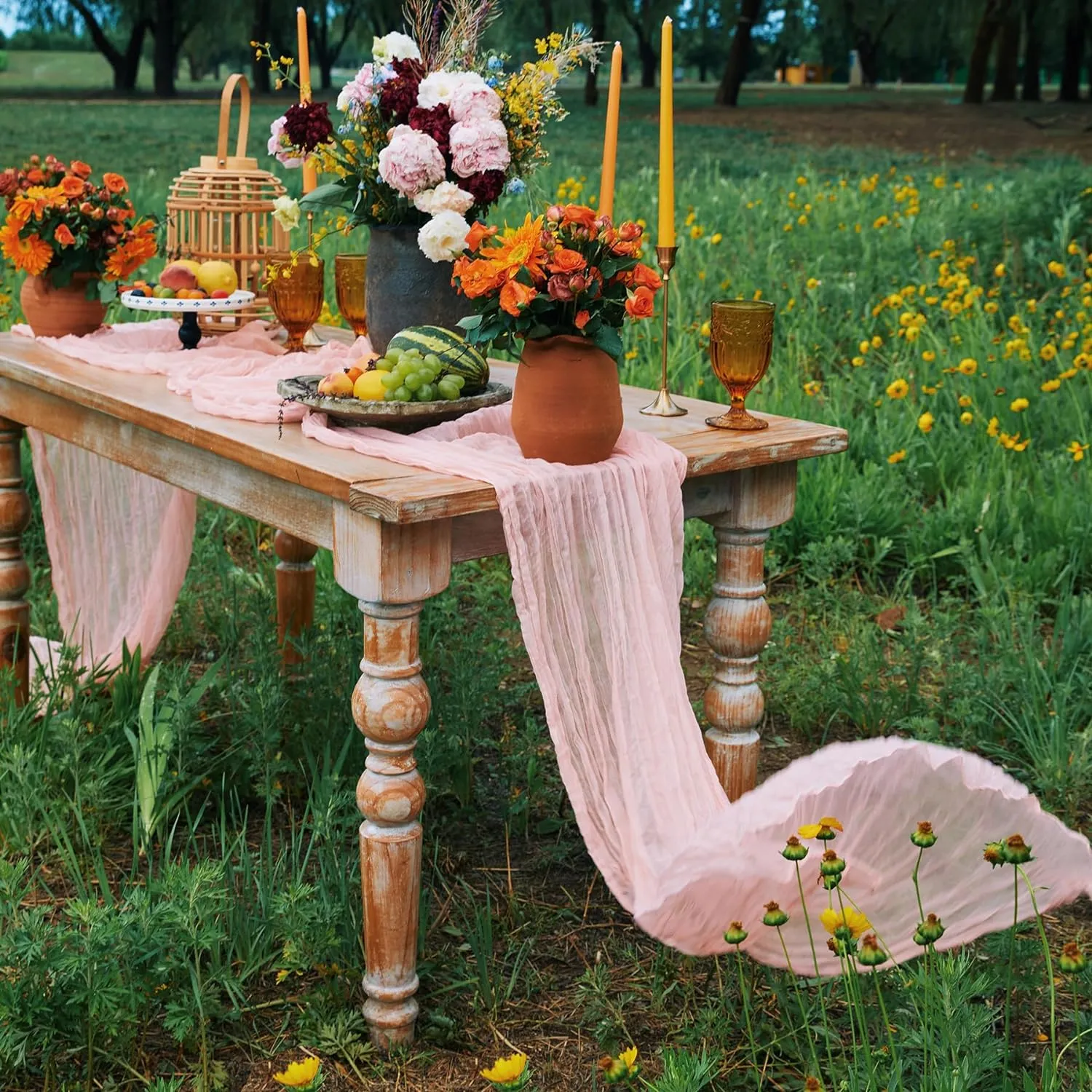3 Pieces Pink Table Runners 10FT for Bridal Shower Decorations Blush Pink Cheesecloth Table Runner Gauze Wedding Table Runner for Wedding Baby Shower Birthday Boho Table Decorations