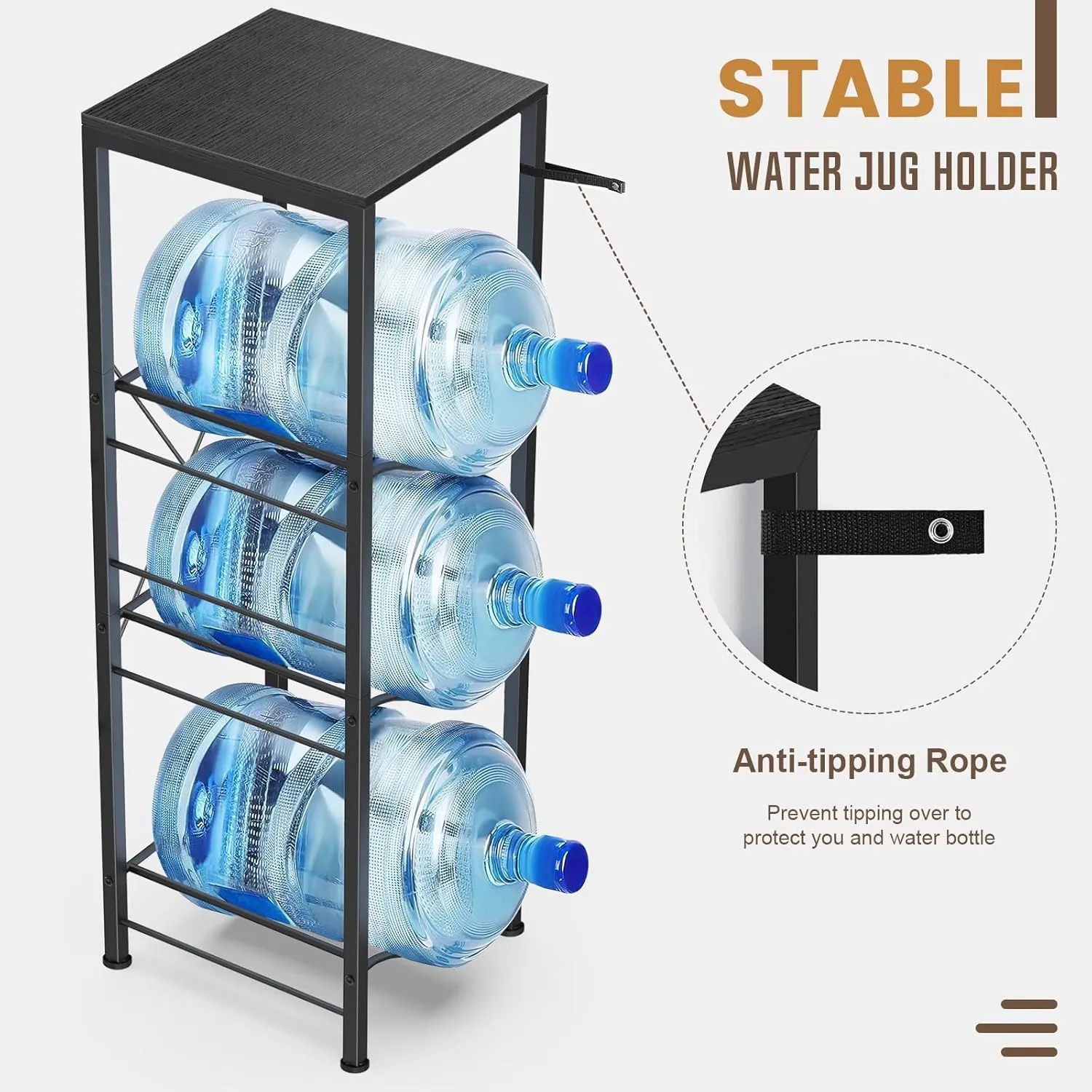 3-tier 5 Gallon Water Jug Holder with Storage Shelve, Detachable 5 gallon Water Bottle Holder, Water Jug Stand, Water Jug Rack, Water Bottle Organizer for Kitchen,Office,Living Room- Black
