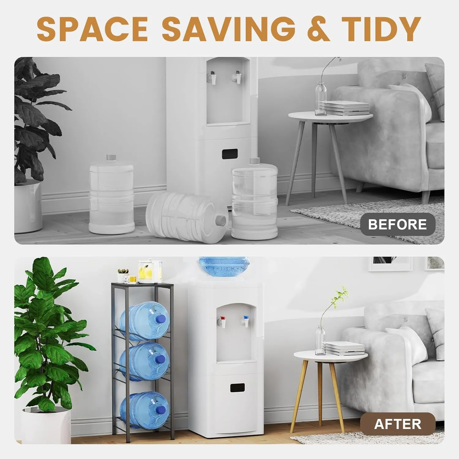 3-tier 5 Gallon Water Jug Holder with Storage Shelve, Detachable 5 gallon Water Bottle Holder, Water Jug Stand, Water Jug Rack, Water Bottle Organizer for Kitchen,Office,Living Room- Black