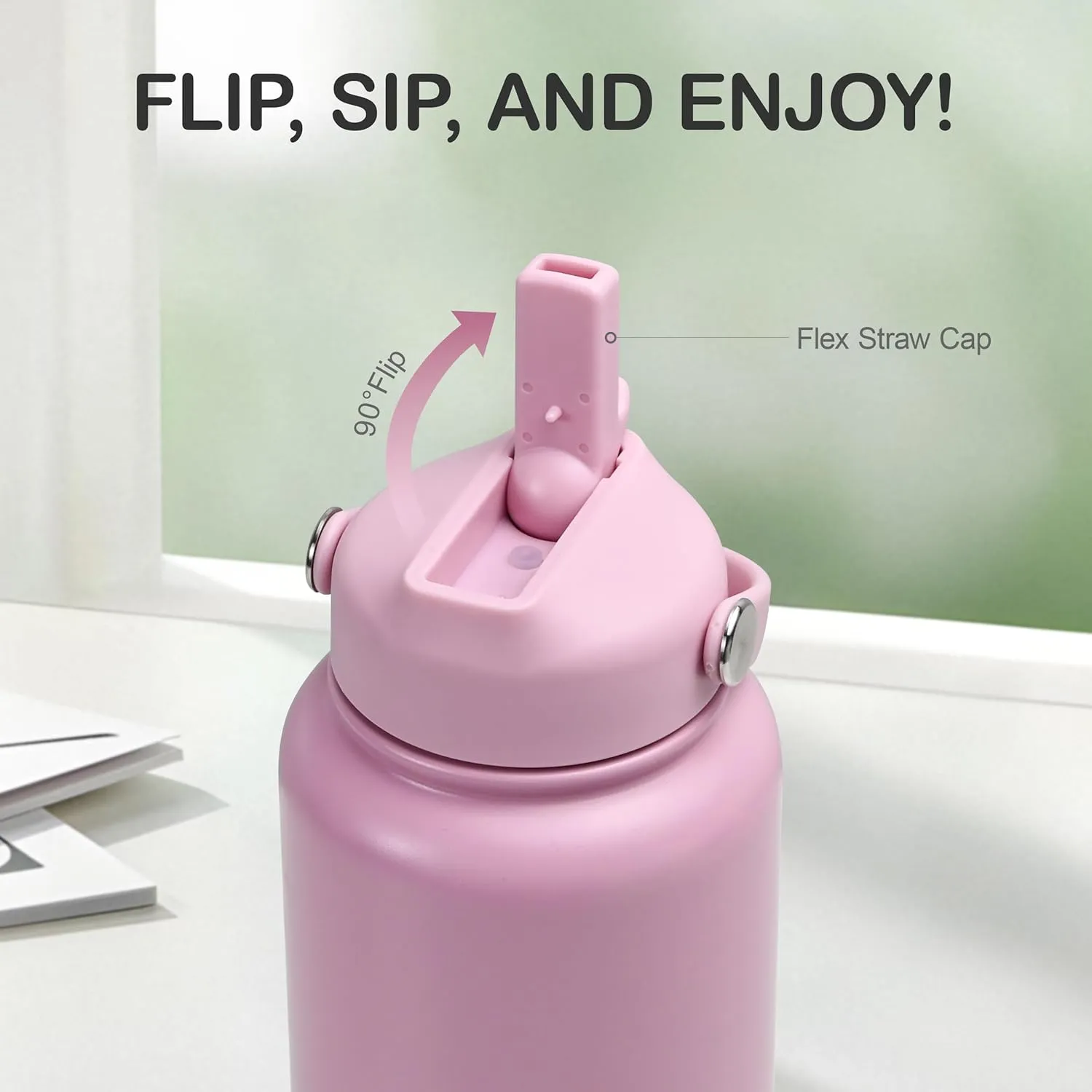 32 oz Insulated Water Bottle with Straw, Leak Proof Water Bottle Stainless Steel with Flip Straw and Handle, Metal, Reusable, Wide Mouth, for Travel, Gym and School (Blooming Pink)