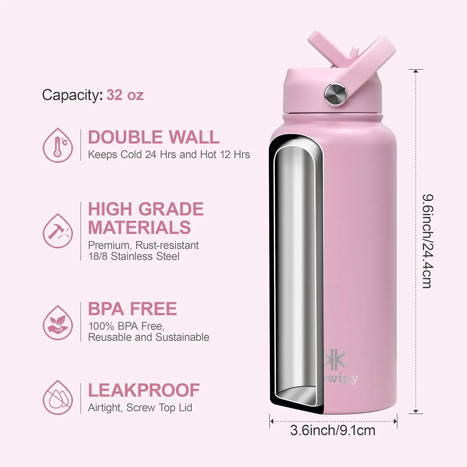 32 oz Insulated Water Bottle with Straw, Leak Proof Water Bottle Stainless Steel with Flip Straw and Handle, Metal, Reusable, Wide Mouth, for Travel, Gym and School (Blooming Pink)