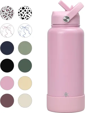 32 oz Insulated Water Bottle with Straw, Leak Proof Water Bottle Stainless Steel with Flip Straw and Handle, Metal, Reusable, Wide Mouth, for Travel, Gym and School (Blooming Pink)