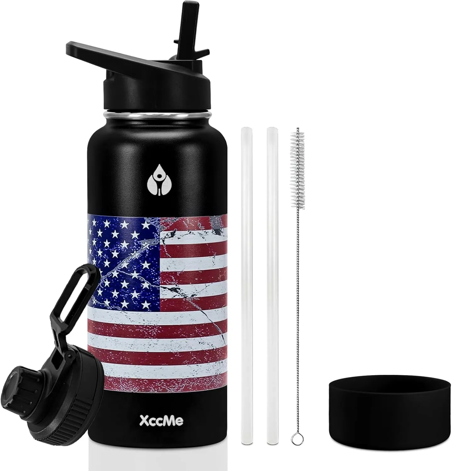 32 oz Water Bottles,Insulated Water Bottle,Stainless Steel Water Bottles,Double Wall Metal Water Bottle with Straw,2 Lids,Silicone Boot,Sports water bottle (American Flag)