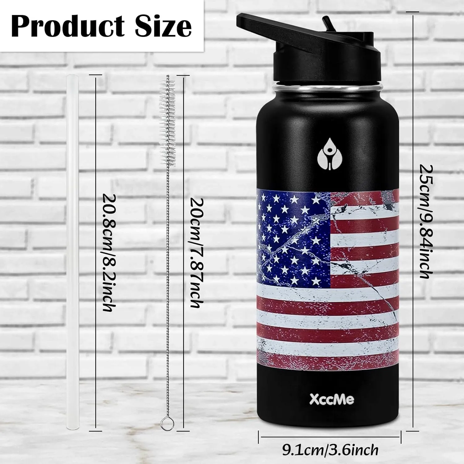 32 oz Water Bottles,Insulated Water Bottle,Stainless Steel Water Bottles,Double Wall Metal Water Bottle with Straw,2 Lids,Silicone Boot,Sports water bottle (American Flag)