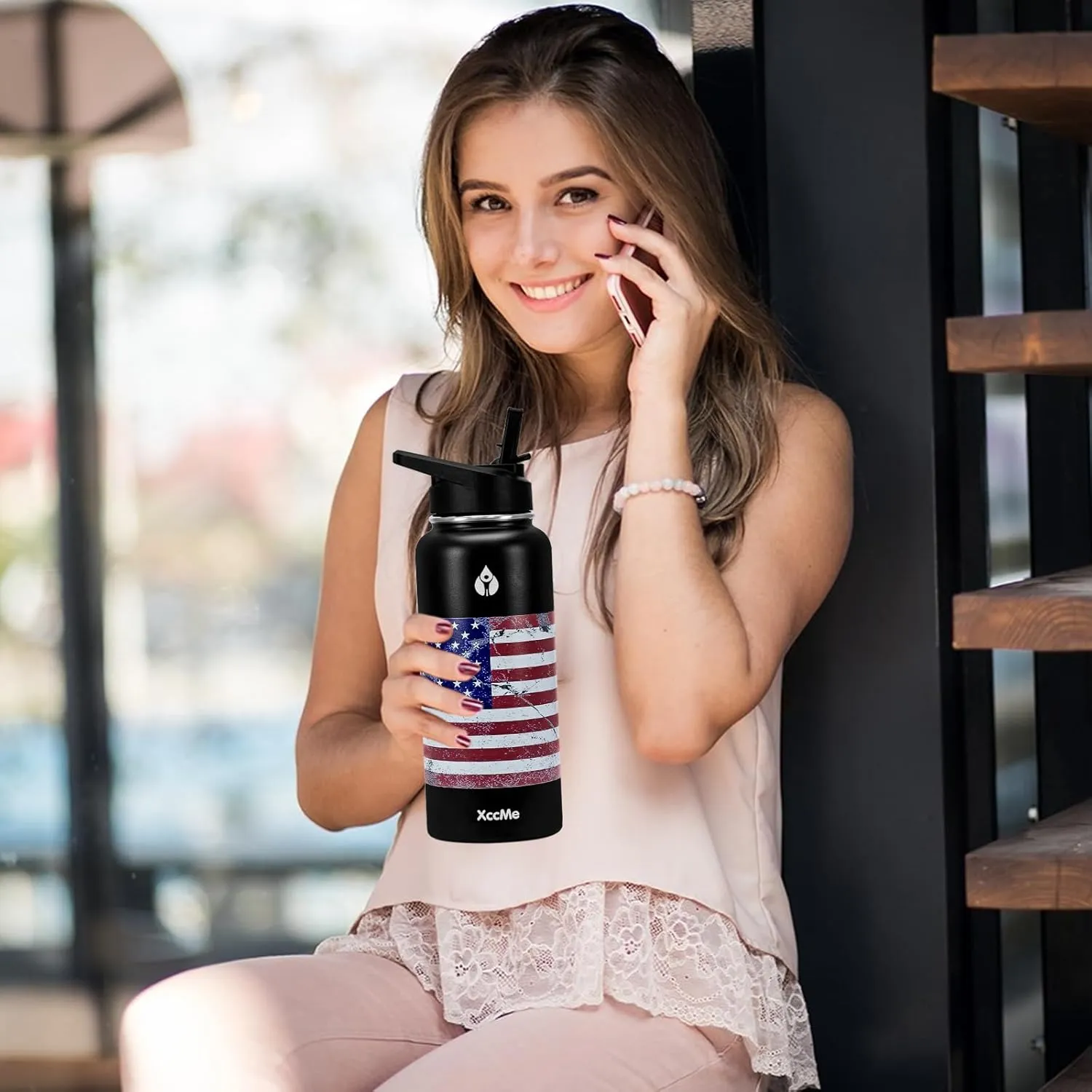 32 oz Water Bottles,Insulated Water Bottle,Stainless Steel Water Bottles,Double Wall Metal Water Bottle with Straw,2 Lids,Silicone Boot,Sports water bottle (American Flag)