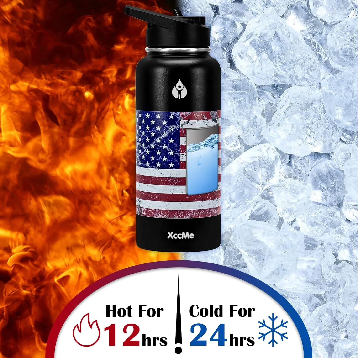 32 oz Water Bottles,Insulated Water Bottle,Stainless Steel Water Bottles,Double Wall Metal Water Bottle with Straw,2 Lids,Silicone Boot,Sports water bottle (American Flag)