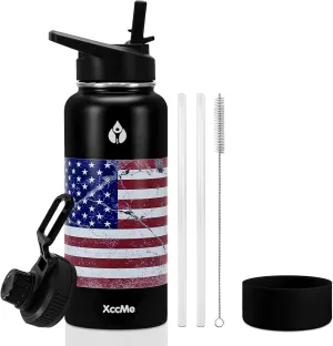 32 oz Water Bottles,Insulated Water Bottle,Stainless Steel Water Bottles,Double Wall Metal Water Bottle with Straw,2 Lids,Silicone Boot,Sports water bottle (American Flag)