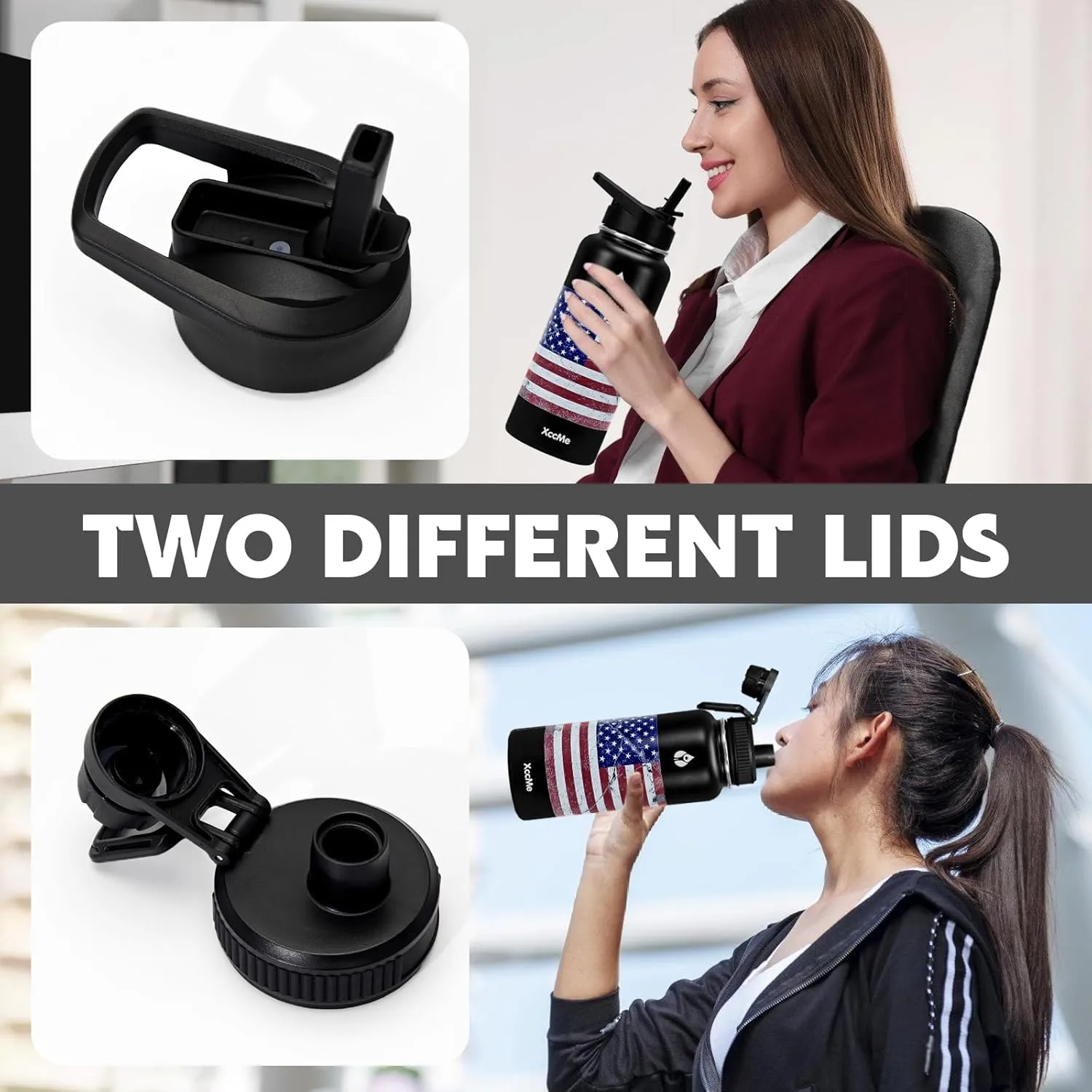 32 oz Water Bottles,Insulated Water Bottle,Stainless Steel Water Bottles,Double Wall Metal Water Bottle with Straw,2 Lids,Silicone Boot,Sports water bottle (American Flag)