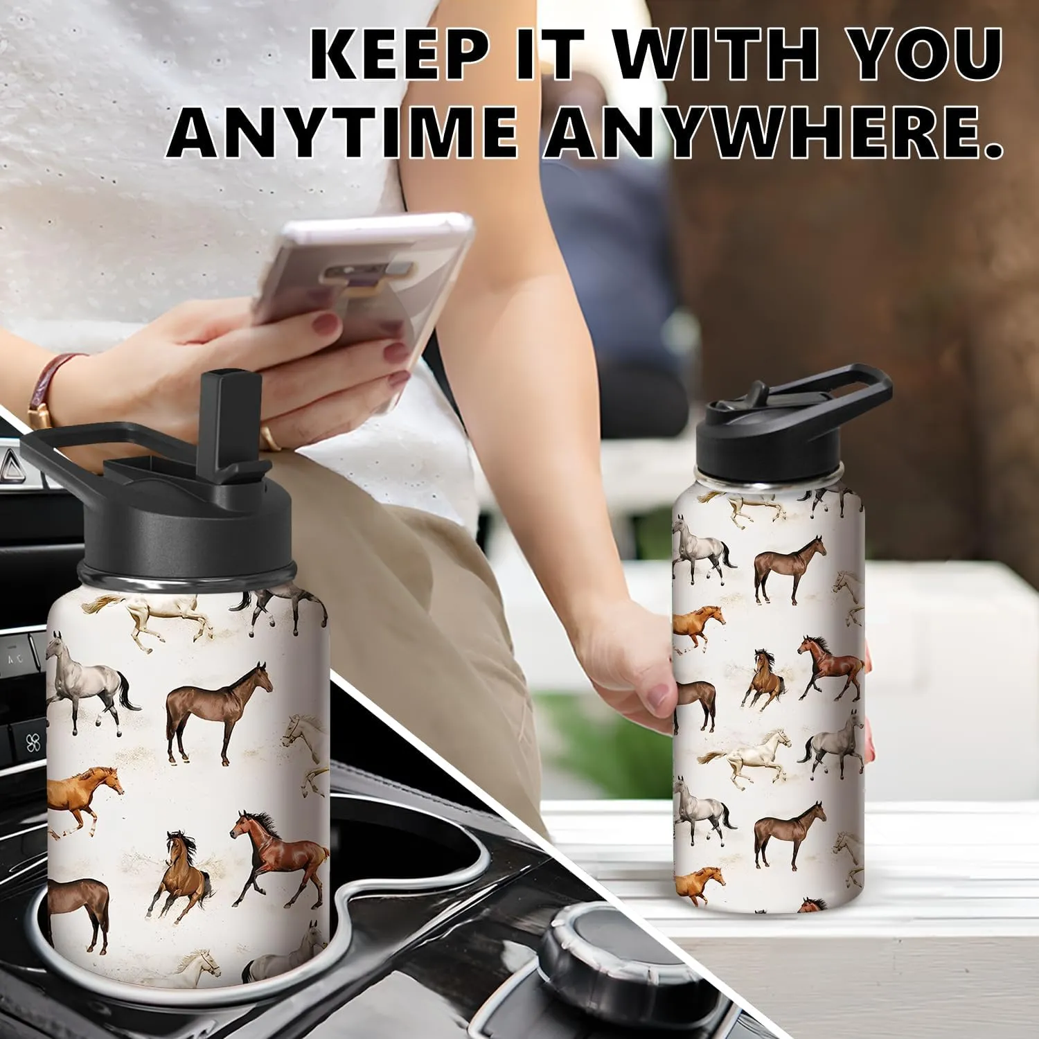 32oz Horse Water Bottle with Handle and Flip Straw, Animal Sports Stainless Steel Insulated Cup Travel Coffee Mug Tumbler, Birthday Mothers Day Chritmas Gifts for Women