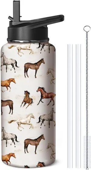 32oz Horse Water Bottle with Handle and Flip Straw, Animal Sports Stainless Steel Insulated Cup Travel Coffee Mug Tumbler, Birthday Mothers Day Chritmas Gifts for Women