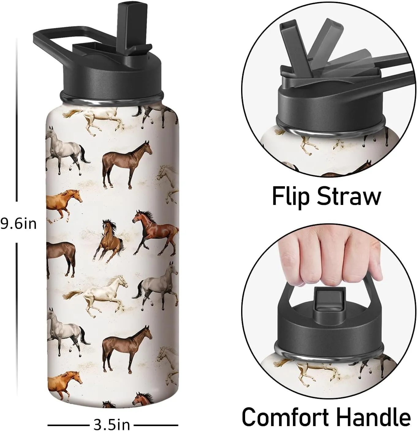 32oz Horse Water Bottle with Handle and Flip Straw, Animal Sports Stainless Steel Insulated Cup Travel Coffee Mug Tumbler, Birthday Mothers Day Chritmas Gifts for Women