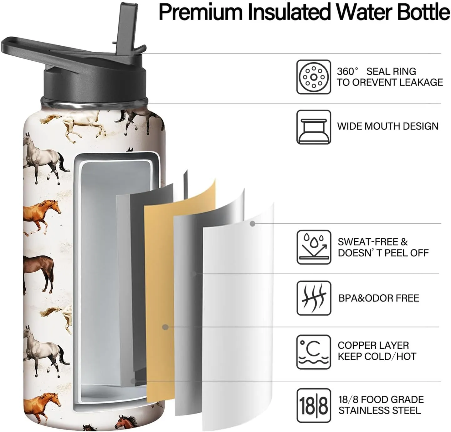 32oz Horse Water Bottle with Handle and Flip Straw, Animal Sports Stainless Steel Insulated Cup Travel Coffee Mug Tumbler, Birthday Mothers Day Chritmas Gifts for Women