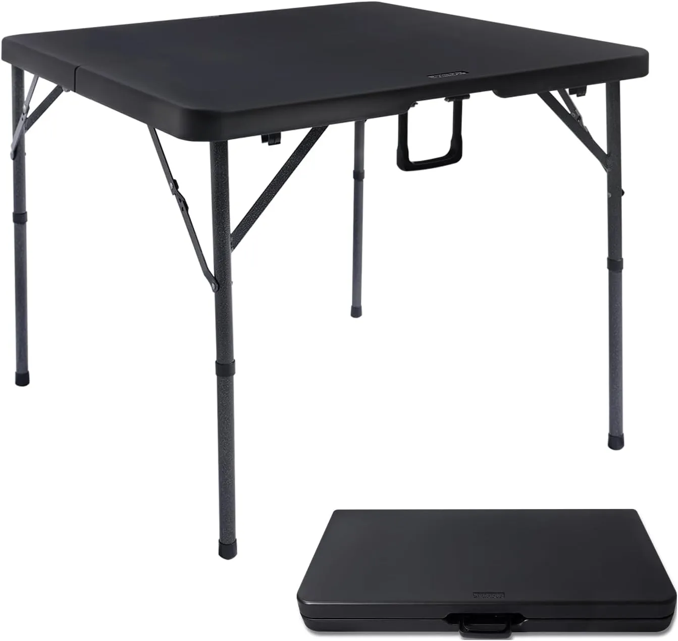 34" Square Folding Card Table, Fold-in-Half Utility Dining Portable Table Heavy Duty HDPE Plastic Foldable with Carrying Handle Indoor Outdoor for Picnic, Camping, Party, Black