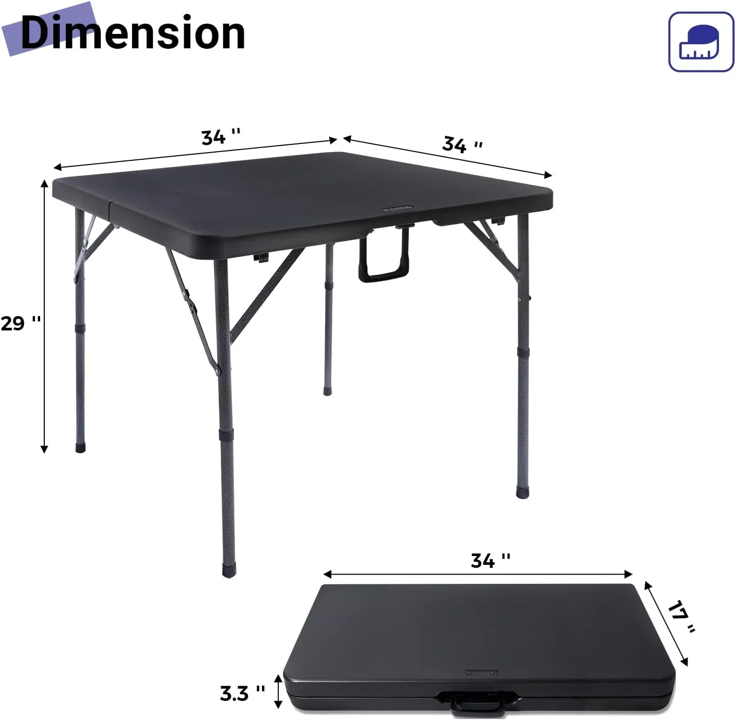 34" Square Folding Card Table, Fold-in-Half Utility Dining Portable Table Heavy Duty HDPE Plastic Foldable with Carrying Handle Indoor Outdoor for Picnic, Camping, Party, Black
