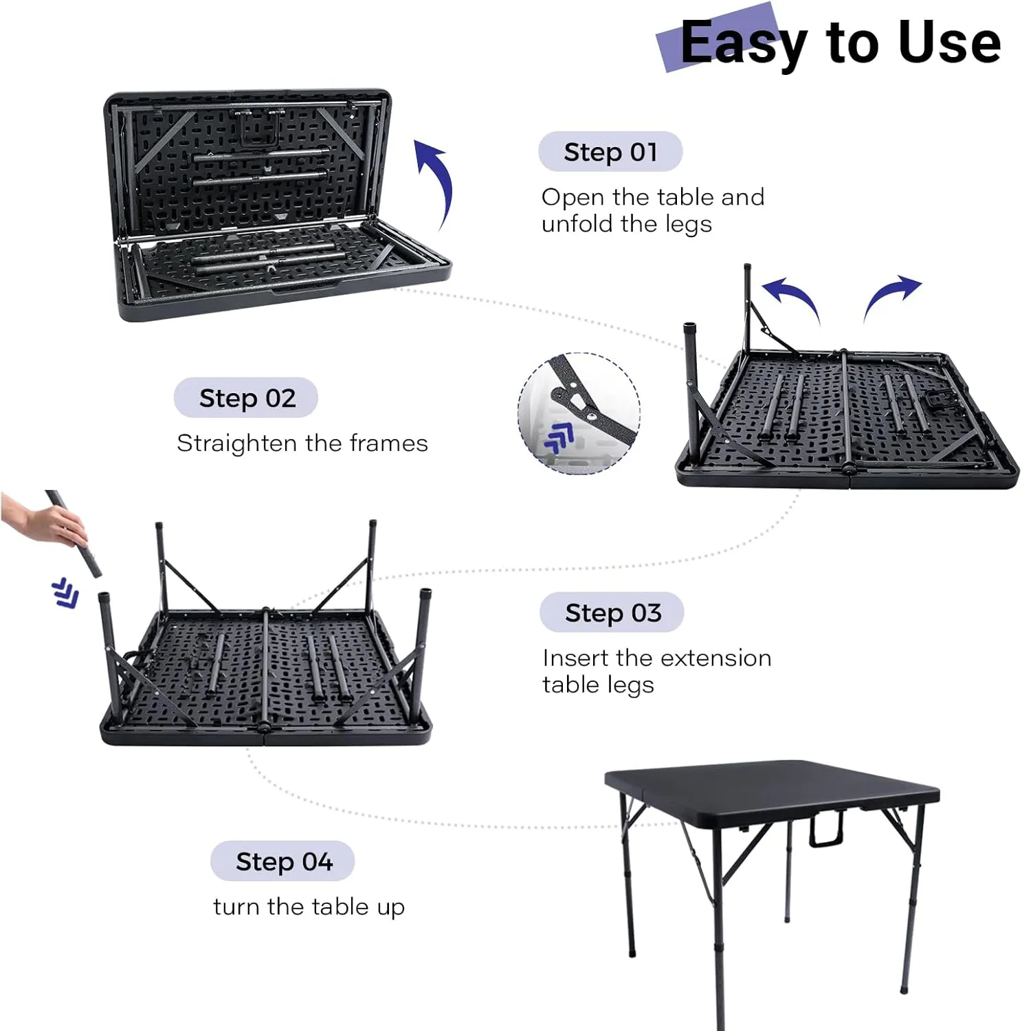 34" Square Folding Card Table, Fold-in-Half Utility Dining Portable Table Heavy Duty HDPE Plastic Foldable with Carrying Handle Indoor Outdoor for Picnic, Camping, Party, Black