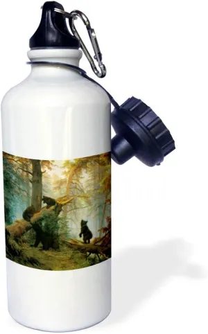 3dRose "Vintage 1889 Bear Painting by Ivan Shishkin Morning in a Pine Forest" Sports Water Bottle, 21 oz, White