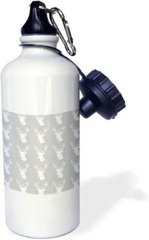 3dRose White Deer Head Pattern on Grey. Stag with Antlers on Gray Silver-Sports Water Bottle, 21oz , 21 oz, Multicolored