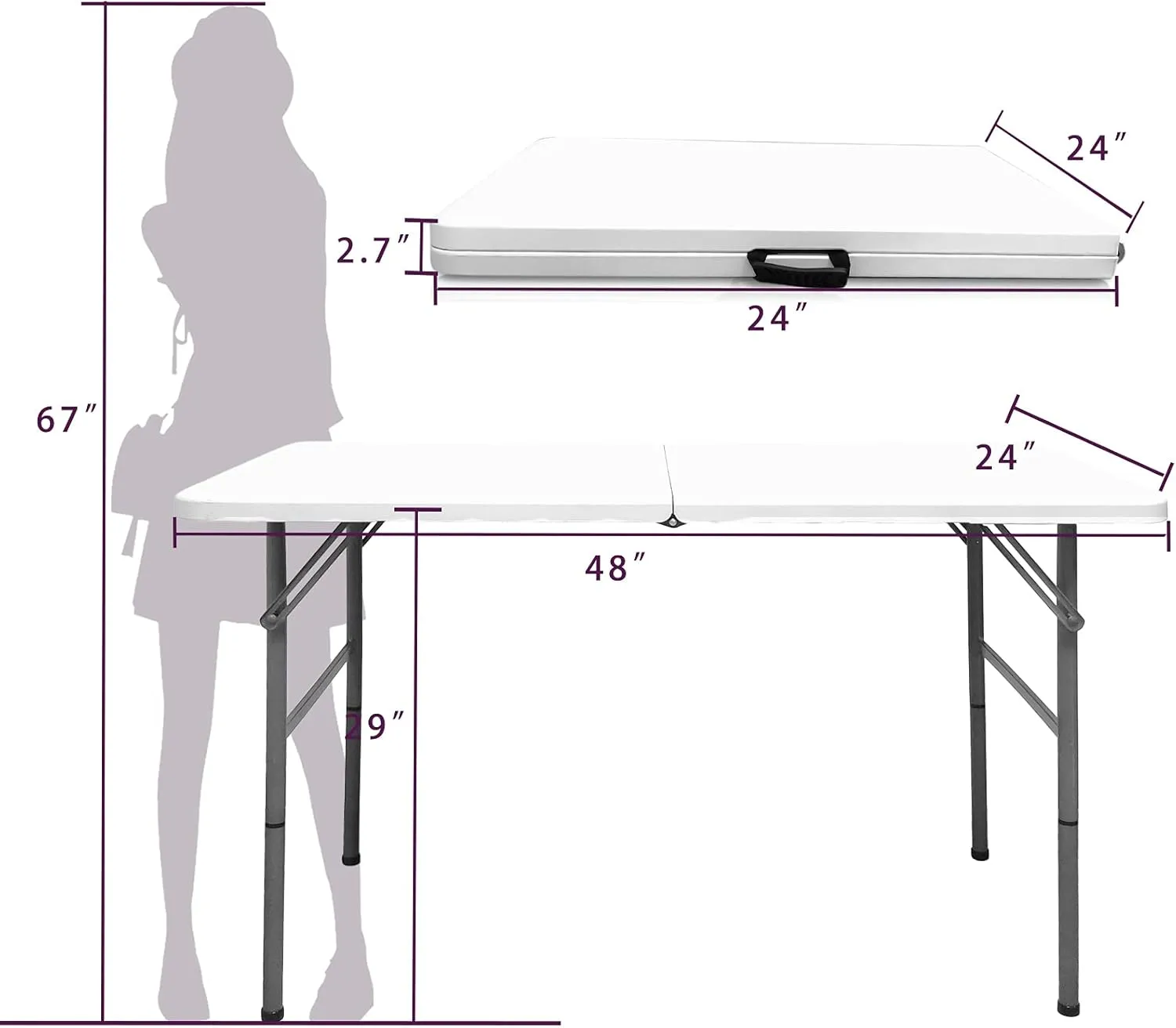 4 FT Folding Table, Plastic Portable Tables for Dining Parties Card Picnic Camping, Granite White