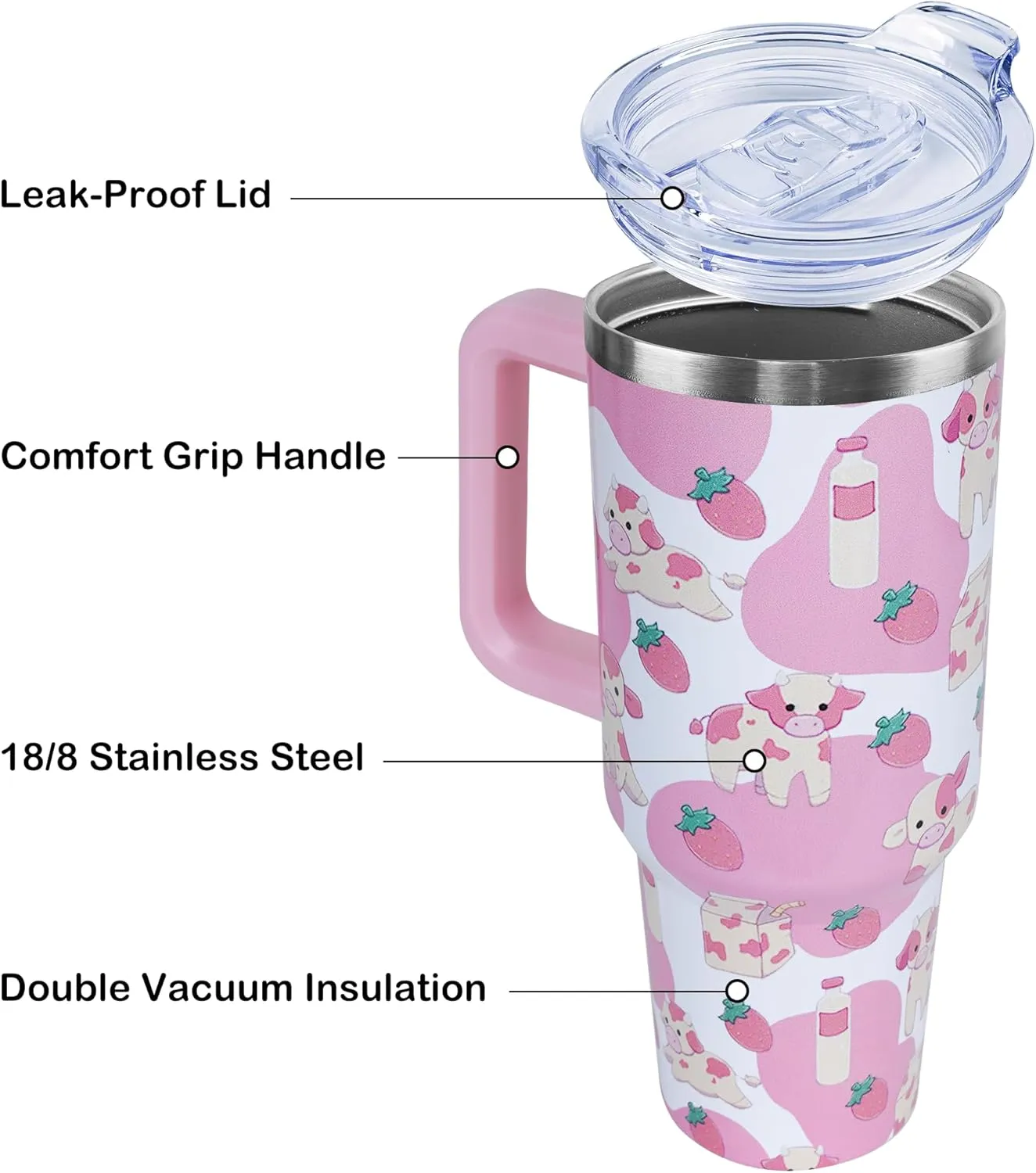 40 oz Cute Strawberry Cow Tumbler with Handle and Straw, Stainless Steel Insulated Cup with Lid and Straw, Travel Mug Water Bottle, Gifts for Women