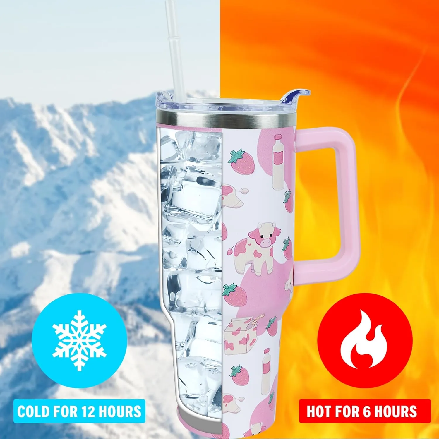 40 oz Cute Strawberry Cow Tumbler with Handle and Straw, Stainless Steel Insulated Cup with Lid and Straw, Travel Mug Water Bottle, Gifts for Women