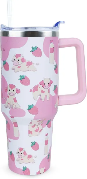 40 oz Cute Strawberry Cow Tumbler with Handle and Straw, Stainless Steel Insulated Cup with Lid and Straw, Travel Mug Water Bottle, Gifts for Women