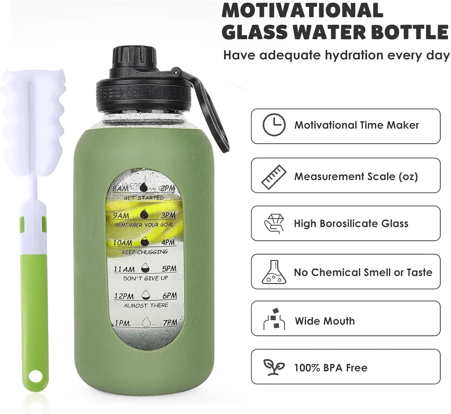 40oz Glass Water Bottle with Handle Lid Time Marker Motivational Sport Water Jug with Silicone Sleeve Water Flask Canteen Wide Mouth Water Bottle for Gym Workout Travel Office Home Everyday Hydration