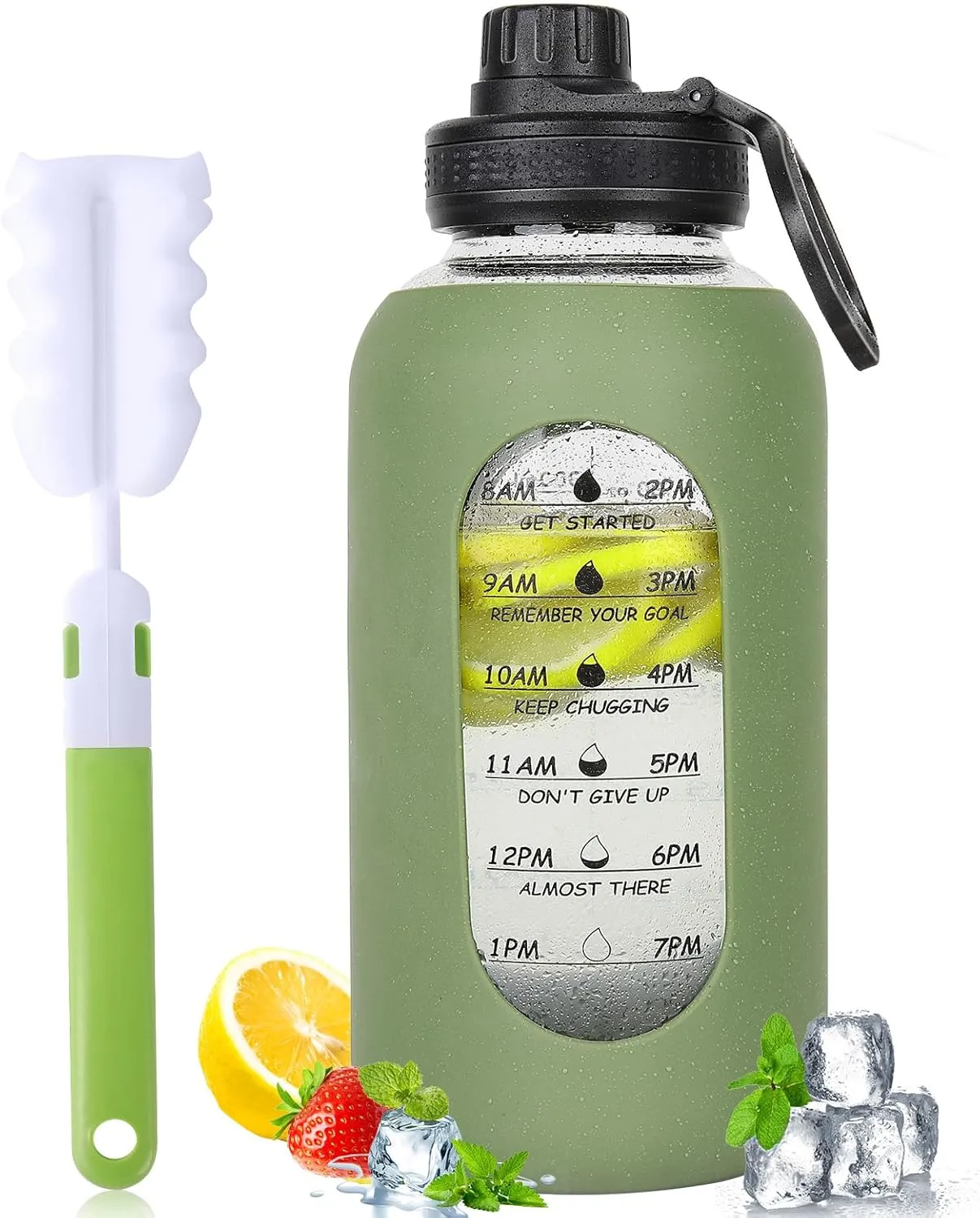 40oz Glass Water Bottle with Handle Lid Time Marker Motivational Sport Water Jug with Silicone Sleeve Water Flask Canteen Wide Mouth Water Bottle for Gym Workout Travel Office Home Everyday Hydration