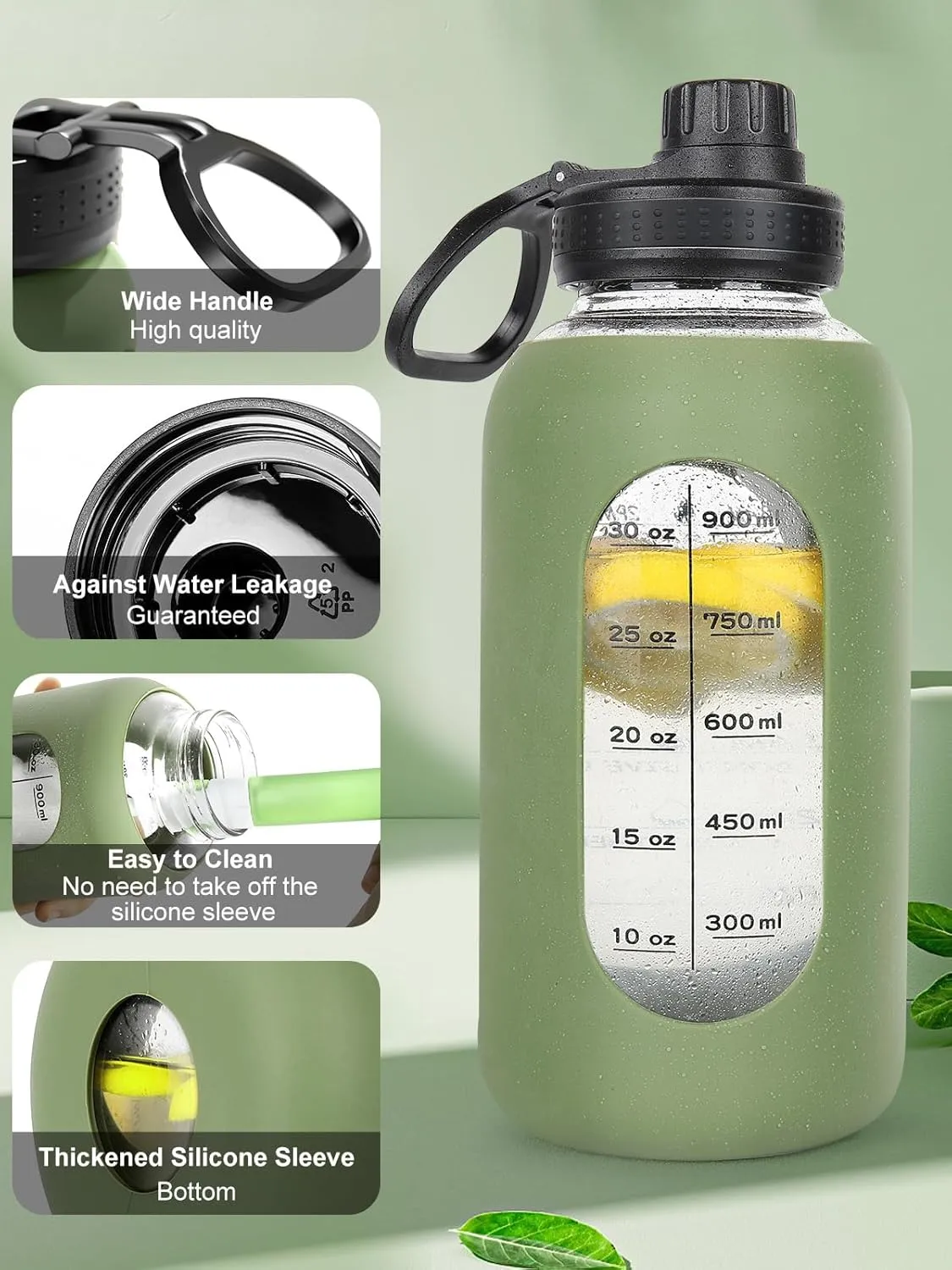 40oz Glass Water Bottle with Handle Lid Time Marker Motivational Sport Water Jug with Silicone Sleeve Water Flask Canteen Wide Mouth Water Bottle for Gym Workout Travel Office Home Everyday Hydration