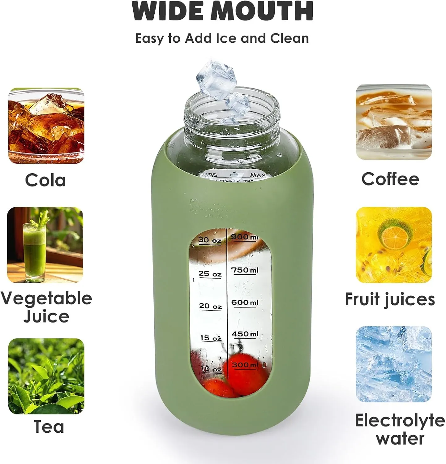 40oz Glass Water Bottle with Handle Lid Time Marker Motivational Sport Water Jug with Silicone Sleeve Water Flask Canteen Wide Mouth Water Bottle for Gym Workout Travel Office Home Everyday Hydration