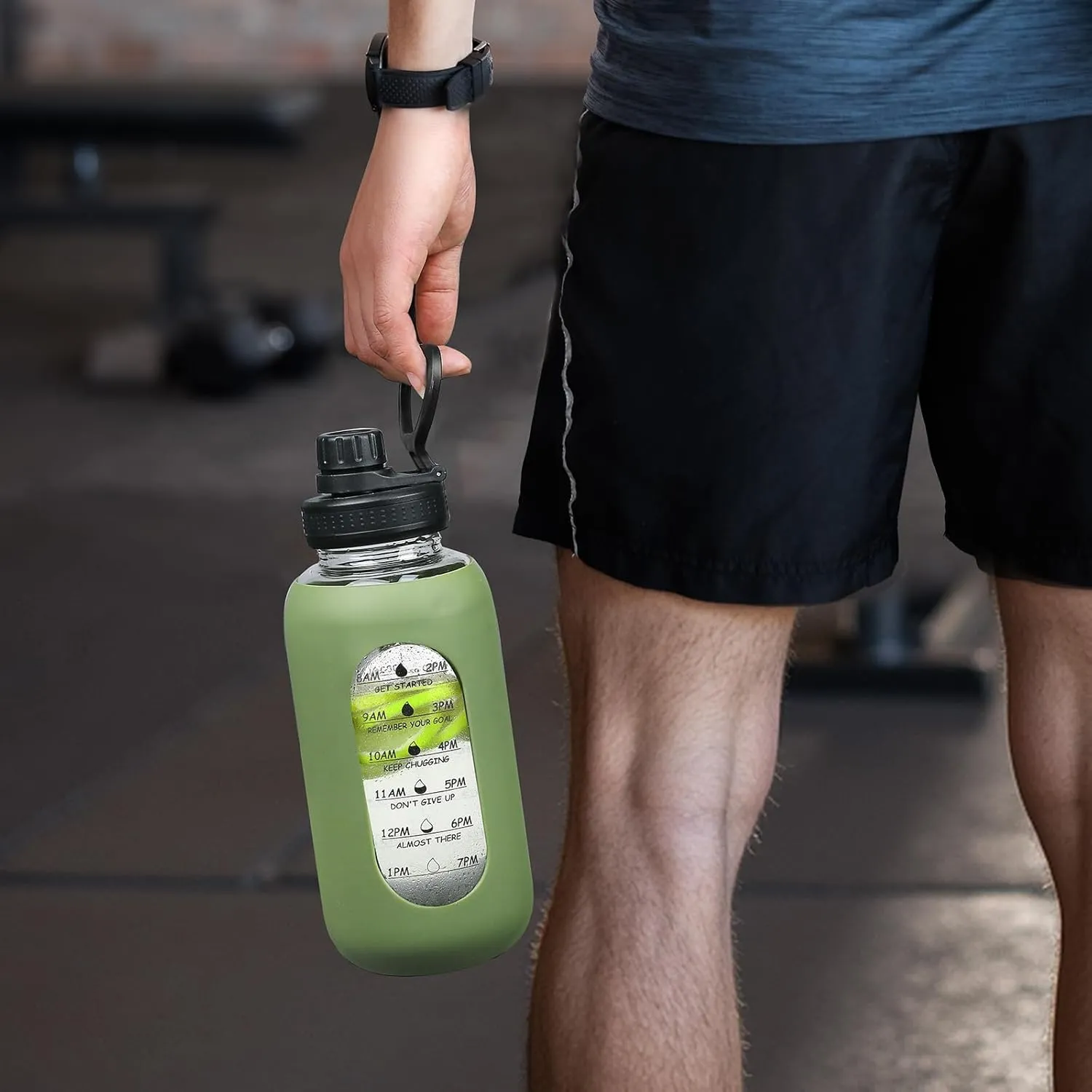 40oz Glass Water Bottle with Handle Lid Time Marker Motivational Sport Water Jug with Silicone Sleeve Water Flask Canteen Wide Mouth Water Bottle for Gym Workout Travel Office Home Everyday Hydration
