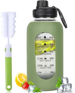 40oz Glass Water Bottle with Handle Lid Time Marker Motivational Sport Water Jug with Silicone Sleeve Water Flask Canteen Wide Mouth Water Bottle for Gym Workout Travel Office Home Everyday Hydration