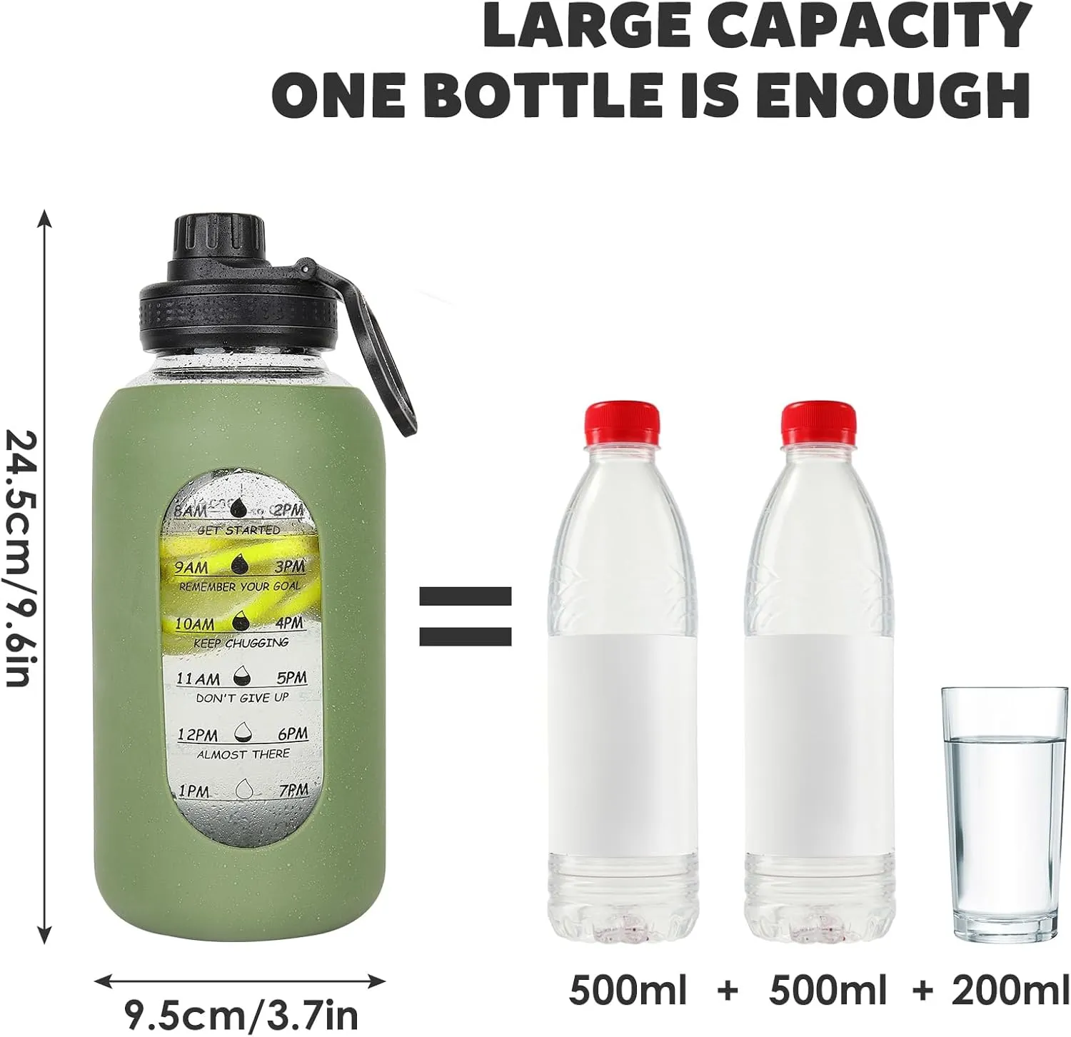 40oz Glass Water Bottle with Handle Lid Time Marker Motivational Sport Water Jug with Silicone Sleeve Water Flask Canteen Wide Mouth Water Bottle for Gym Workout Travel Office Home Everyday Hydration