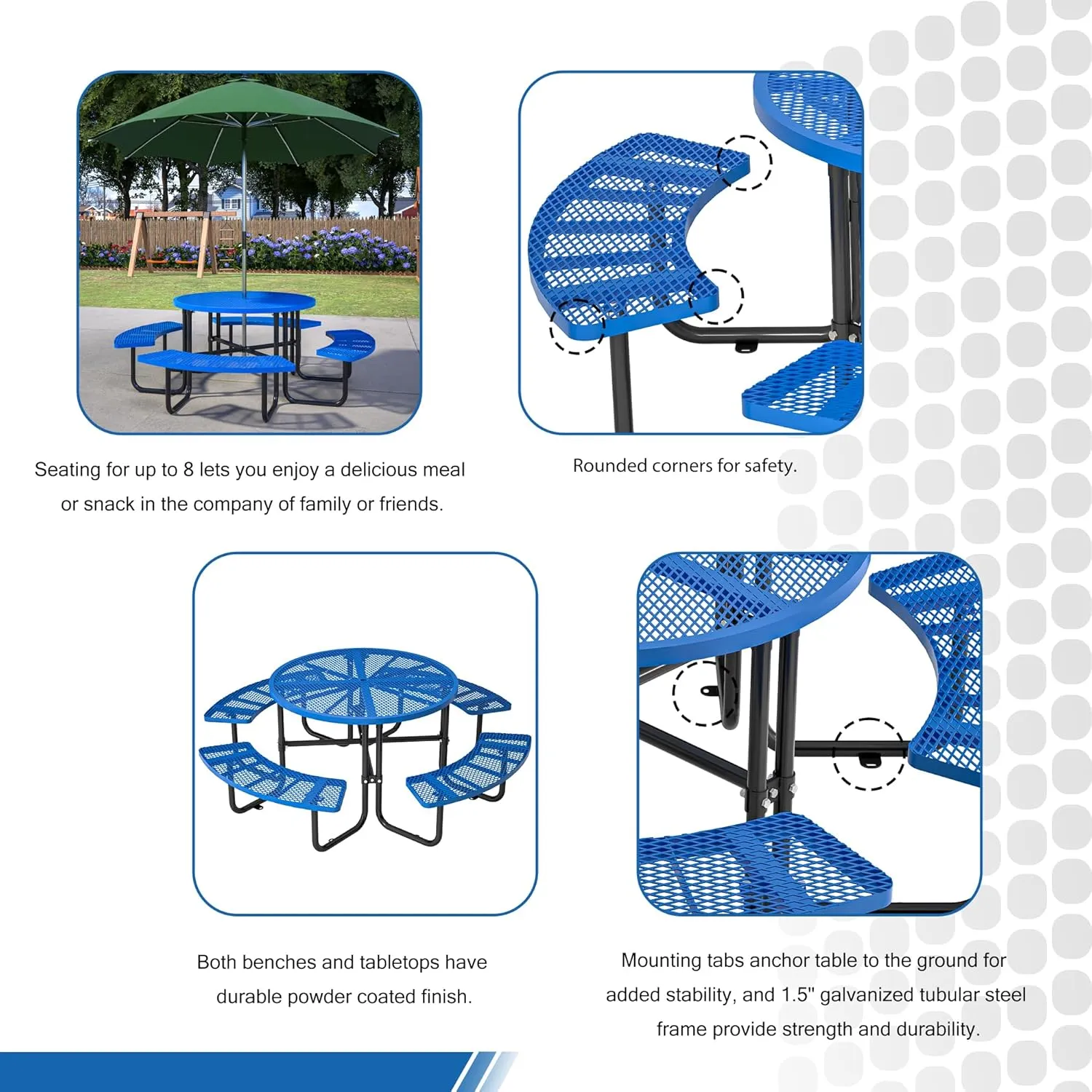 46" Round Metal Picnic Tables for Outdoors with Umbrella Hole Stainless Steel Commercial Grade Table with Seats, 8 Person Open Air Top Round Portable Outdoor Patio Picnic Table Furniture, Blue