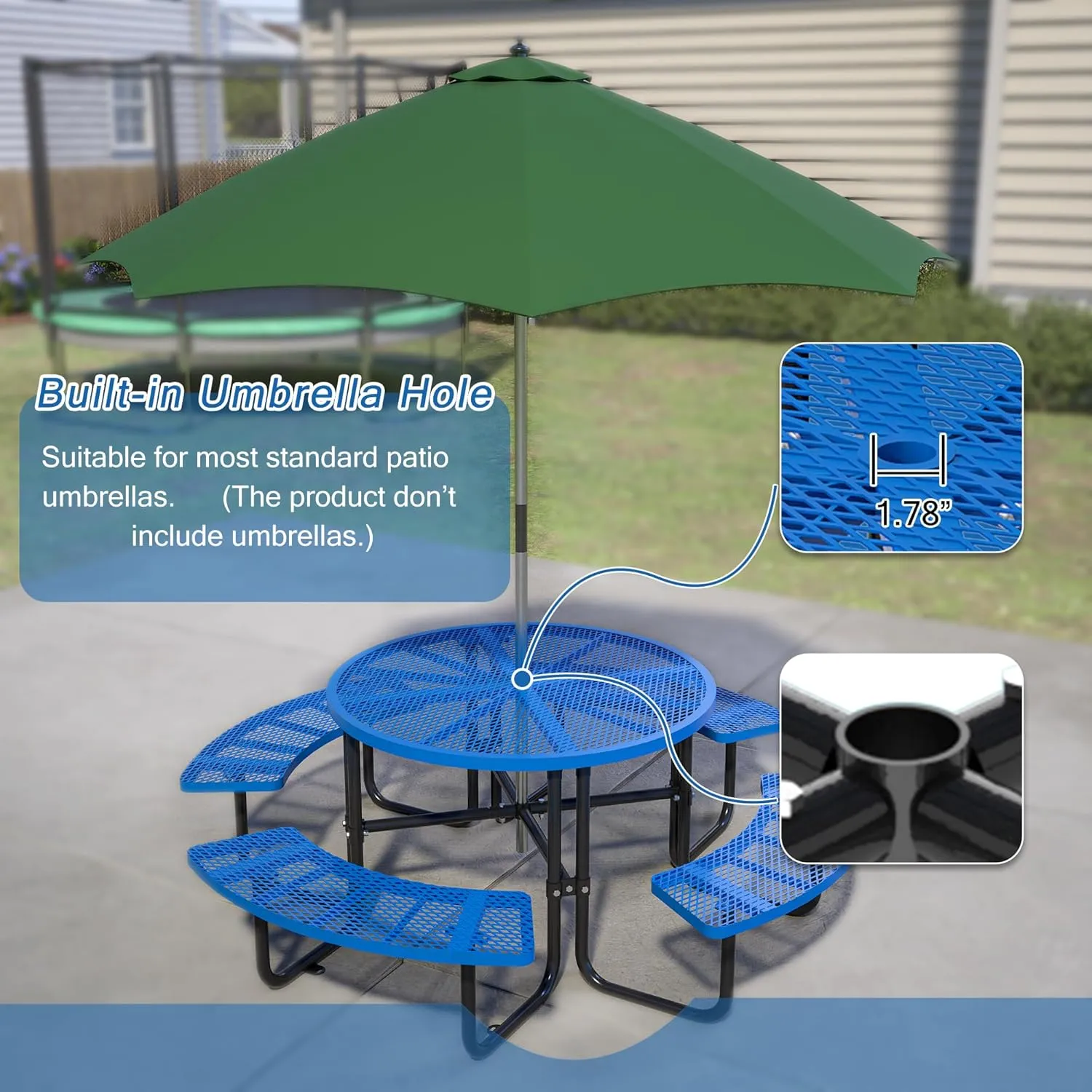 46" Round Metal Picnic Tables for Outdoors with Umbrella Hole Stainless Steel Commercial Grade Table with Seats, 8 Person Open Air Top Round Portable Outdoor Patio Picnic Table Furniture, Blue