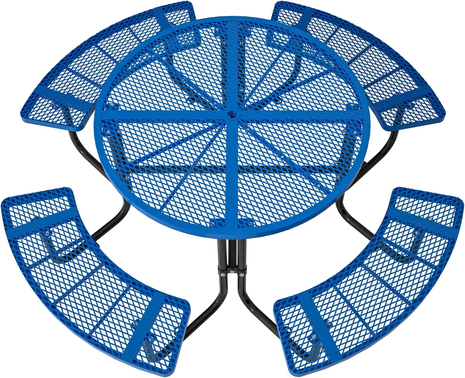 46" Round Metal Picnic Tables for Outdoors with Umbrella Hole Stainless Steel Commercial Grade Table with Seats, 8 Person Open Air Top Round Portable Outdoor Patio Picnic Table Furniture, Blue