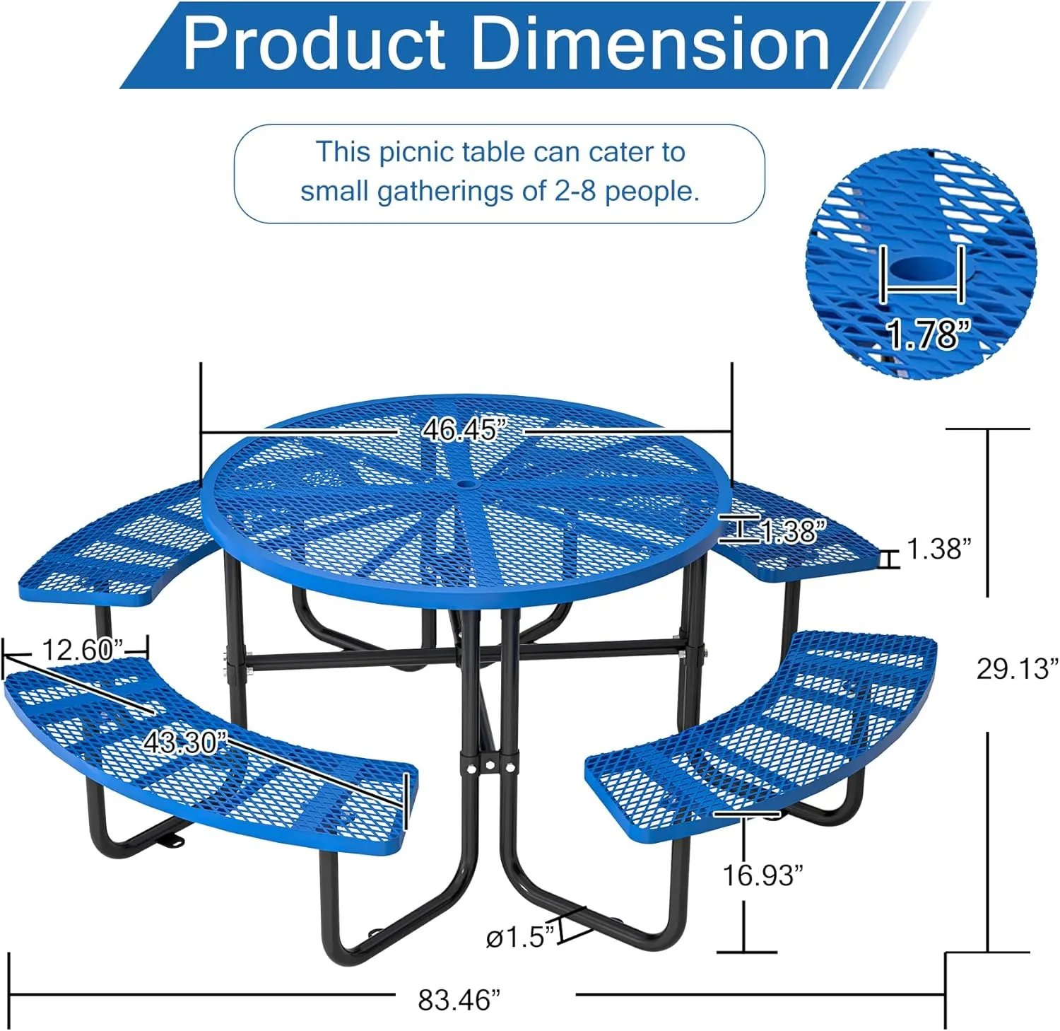 46" Round Metal Picnic Tables for Outdoors with Umbrella Hole Stainless Steel Commercial Grade Table with Seats, 8 Person Open Air Top Round Portable Outdoor Patio Picnic Table Furniture, Blue