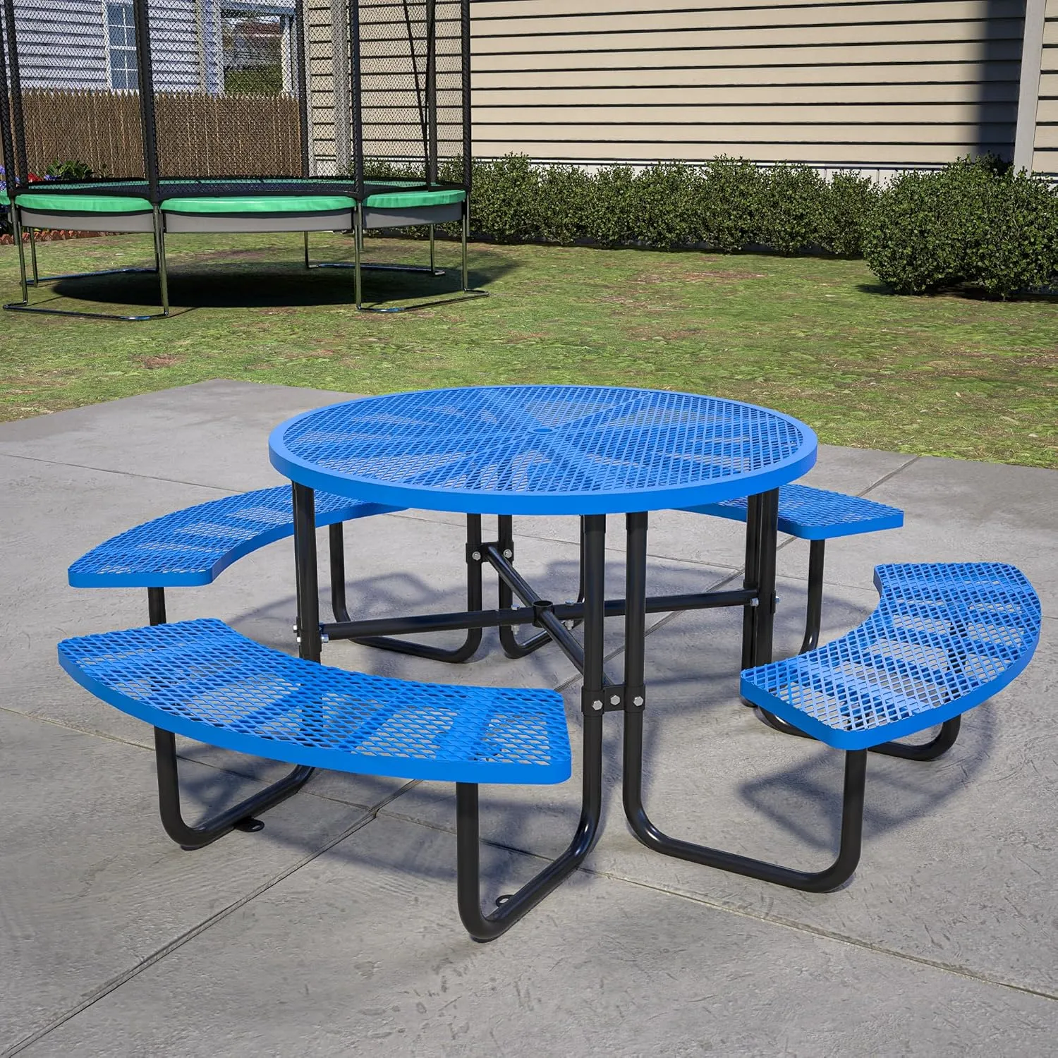 46" Round Metal Picnic Tables for Outdoors with Umbrella Hole Stainless Steel Commercial Grade Table with Seats, 8 Person Open Air Top Round Portable Outdoor Patio Picnic Table Furniture, Blue