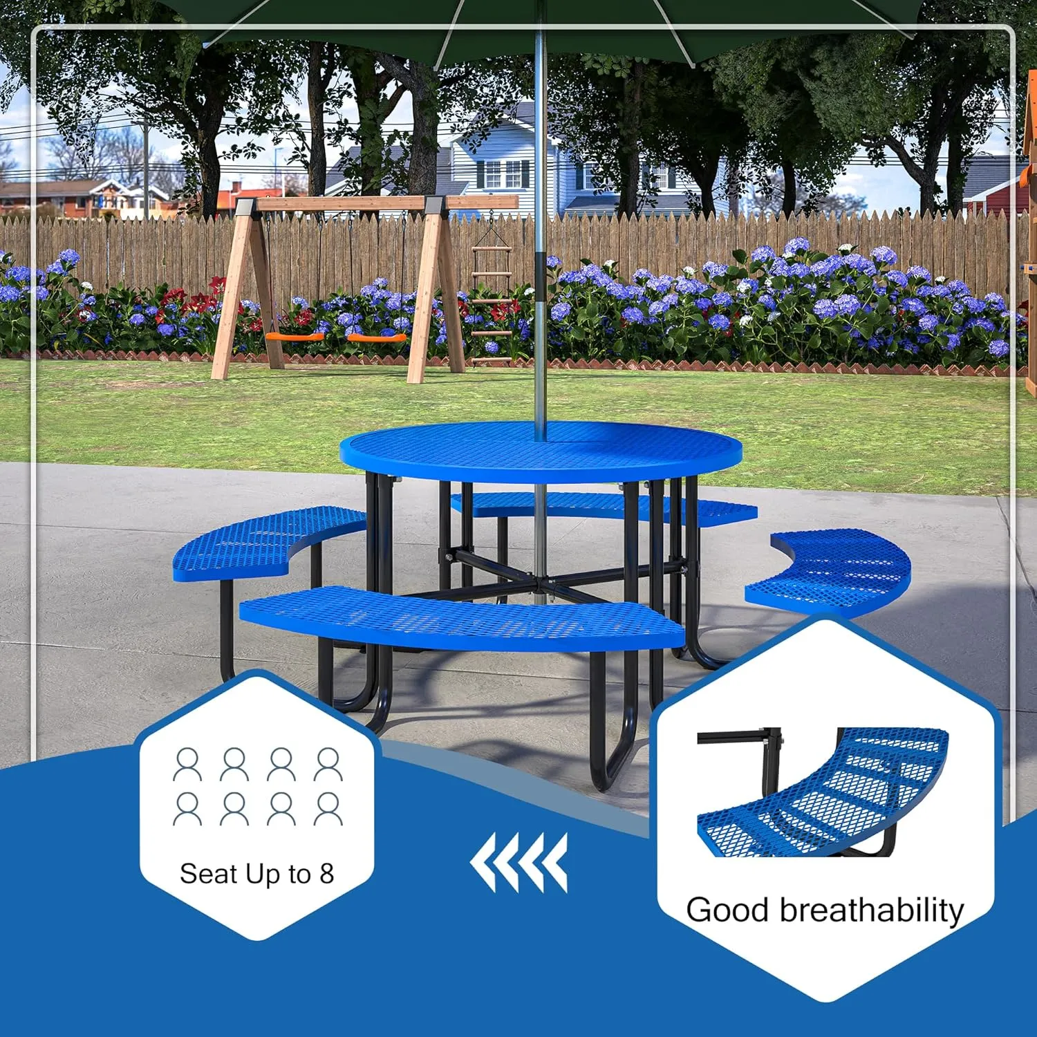 46" Round Metal Picnic Tables for Outdoors with Umbrella Hole Stainless Steel Commercial Grade Table with Seats, 8 Person Open Air Top Round Portable Outdoor Patio Picnic Table Furniture, Blue
