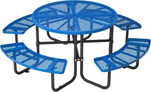46" Round Metal Picnic Tables for Outdoors with Umbrella Hole Stainless Steel Commercial Grade Table with Seats, 8 Person Open Air Top Round Portable Outdoor Patio Picnic Table Furniture, Blue
