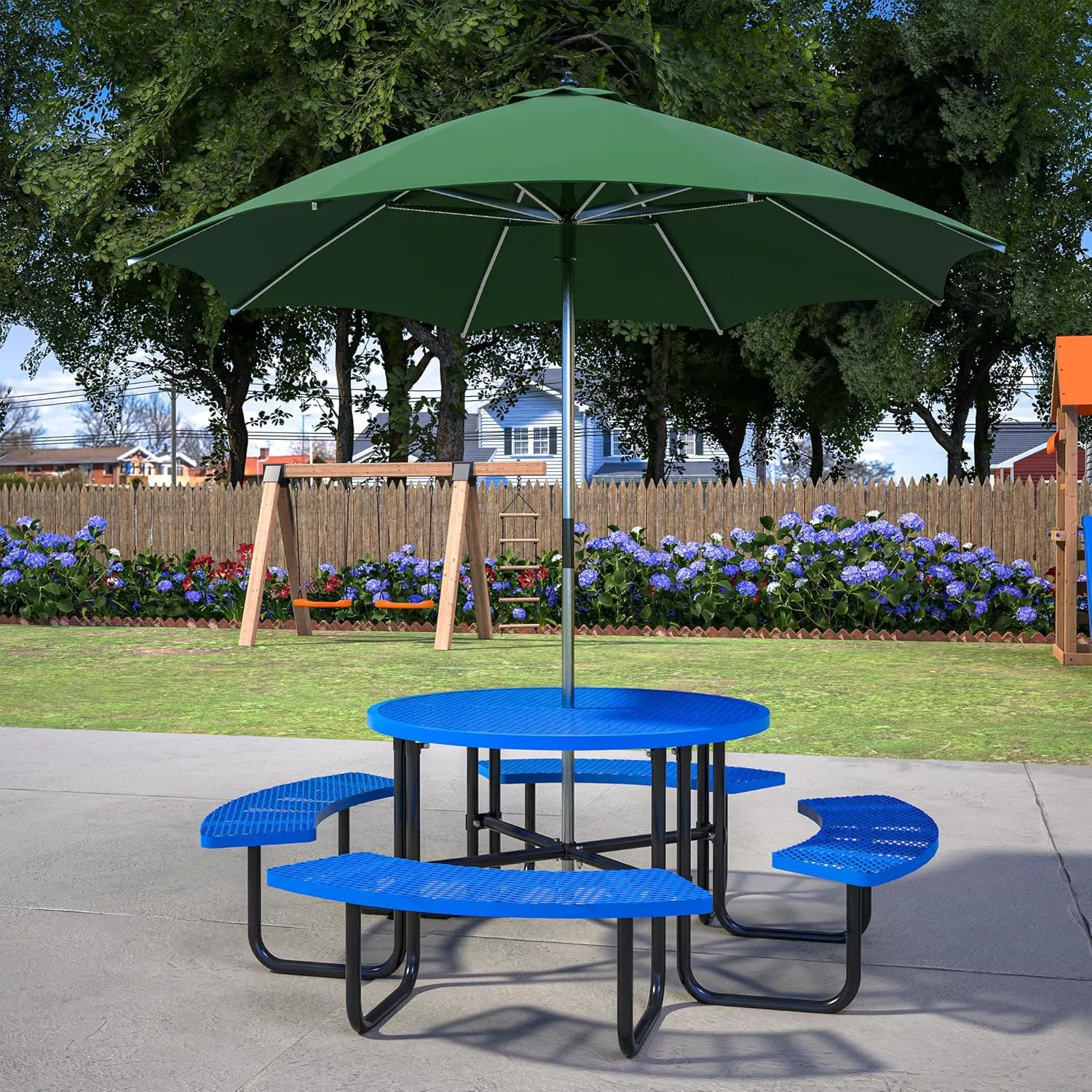 46" Round Metal Picnic Tables for Outdoors with Umbrella Hole Stainless Steel Commercial Grade Table with Seats, 8 Person Open Air Top Round Portable Outdoor Patio Picnic Table Furniture, Blue