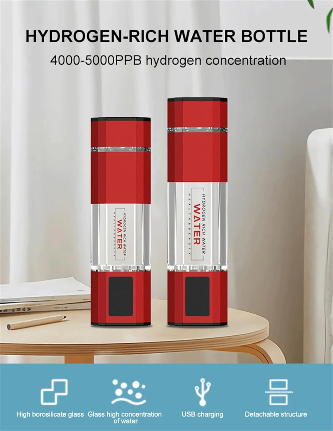 5000ppb Hydrogen Water Bottle Generator with PEM SPE Technology, 2024 Portable Rechargeable Hydrogen Water Ionizer Machine, for Home Office Trave