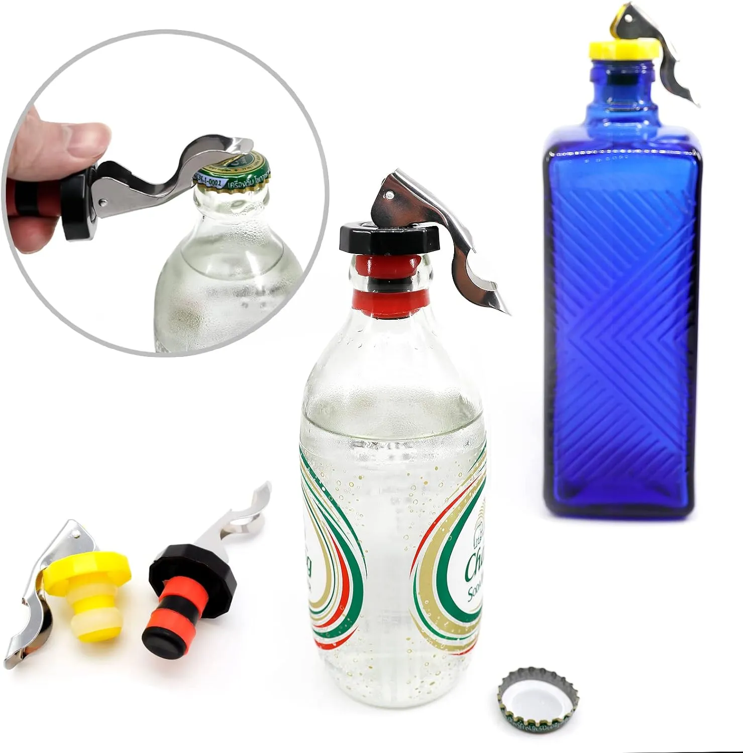 6 Pcs Wine Stoppers, Food-safe Silicone Vacuum Bottle Stoppers, Expanding Manual Beverage Stopper, Reusable Wine Bottle Corks for champagne, beer, whiskey, soda, beverage, water (Red/Yellow/Black)