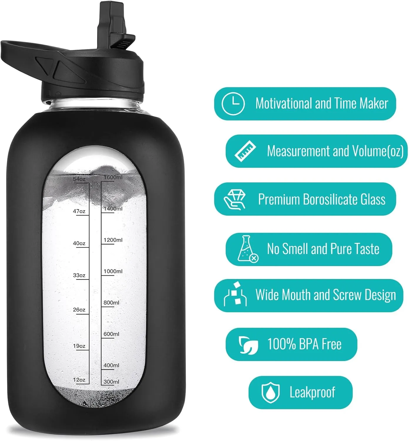 64 oz Glass Water Bottle With Straw and Handle, Half Gallon Sports Motivational Water Jug Flask with Silicone Sleeve, Large Water Cup with Time Marker for Travel, Gym, Purple