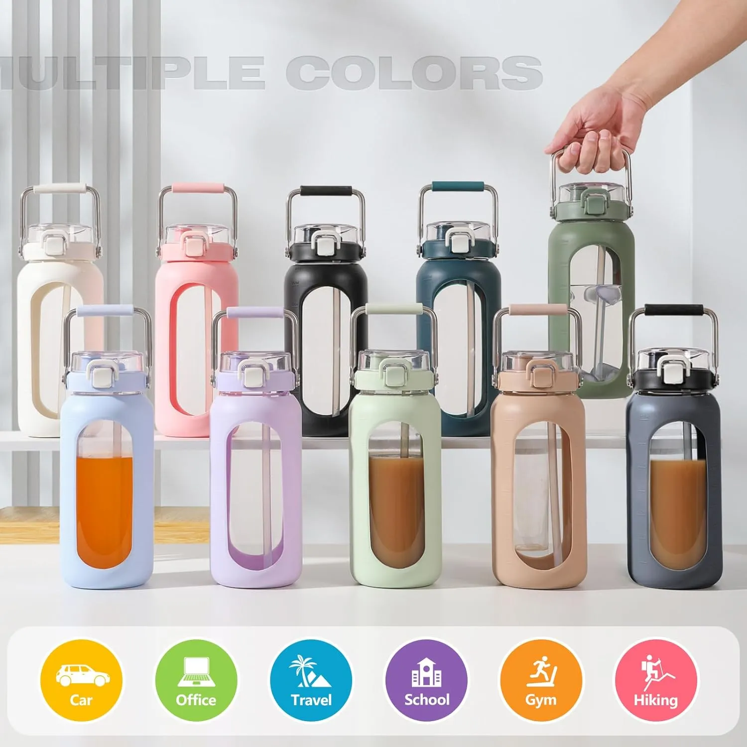 64oz Glass Water Bottle, Glass Drinking Water Bottle with Straw and Stainless Steel Handle, Half Gallon Motivational Water Bottle with Silicone Sleeve and Time Marker, Water Jug Grey