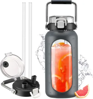 64oz Glass Water Bottle, Glass Drinking Water Bottle with Straw and Stainless Steel Handle, Half Gallon Motivational Water Bottle with Silicone Sleeve and Time Marker, Water Jug Grey