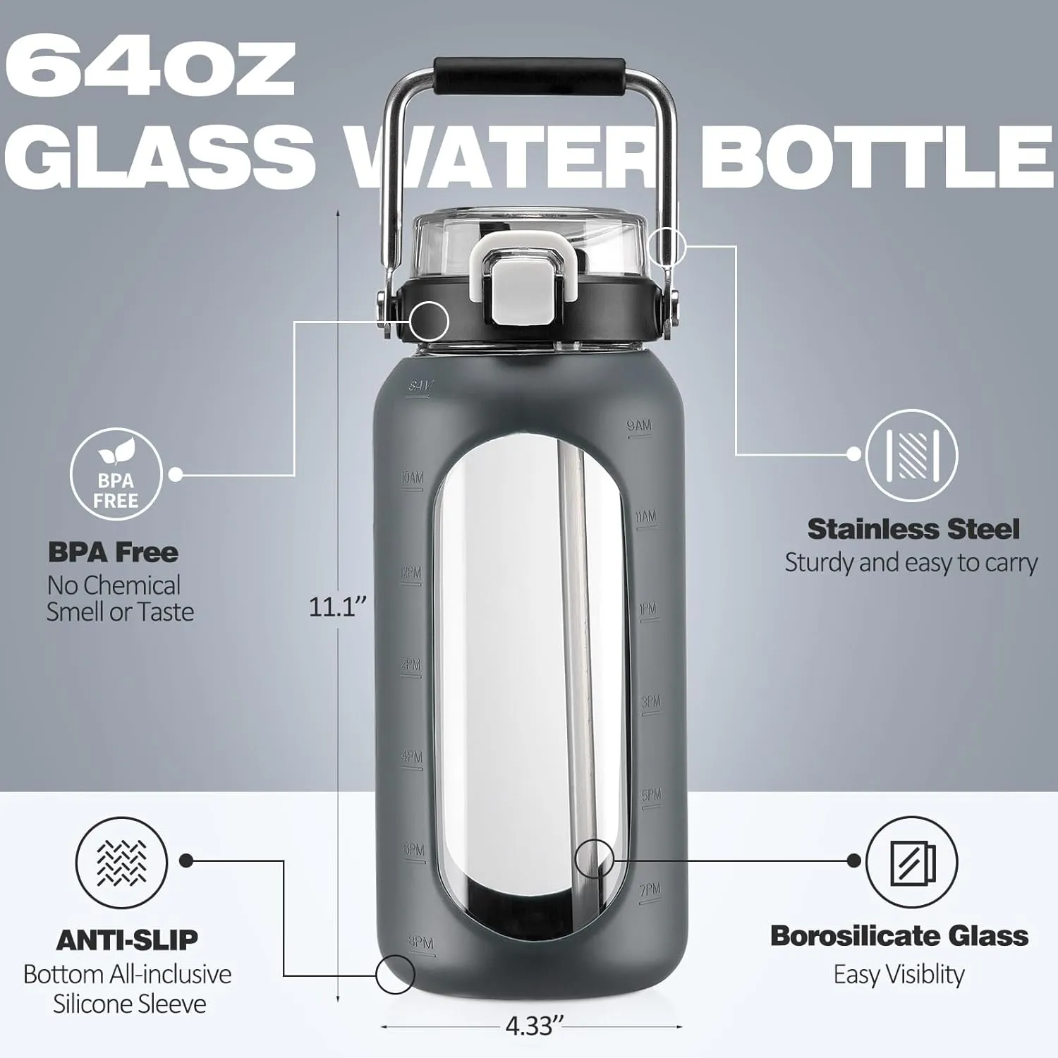 64oz Glass Water Bottle, Glass Drinking Water Bottle with Straw and Stainless Steel Handle, Half Gallon Motivational Water Bottle with Silicone Sleeve and Time Marker, Water Jug Grey