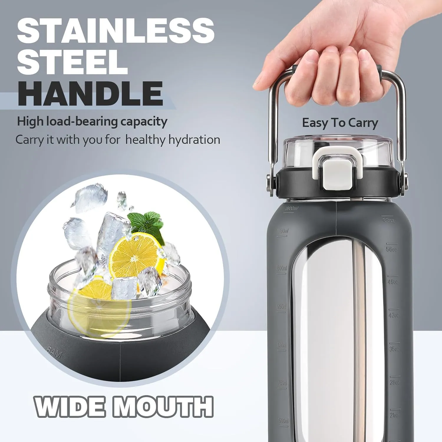 64oz Glass Water Bottle, Glass Drinking Water Bottle with Straw and Stainless Steel Handle, Half Gallon Motivational Water Bottle with Silicone Sleeve and Time Marker, Water Jug Grey